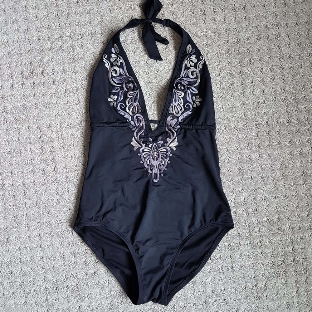 Laundry Embroidered Plunging Chest Bathing Suit
